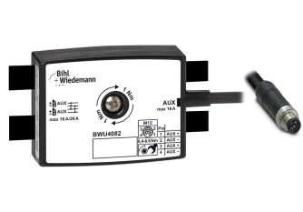 BWU4082 Passive Distributor AUX, 16A/20A, to 1 x M12 power cable plug, straight, L-coded, 4 poles, depth 25 mm, IP67